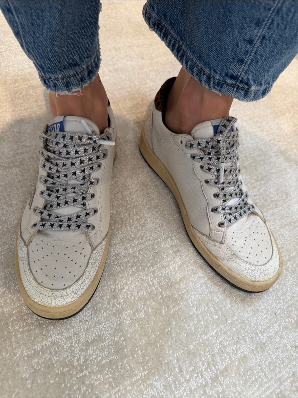 Golden Goose White and Tan Distressed Low-Top Sneakers